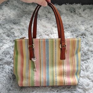 Fossil Genuine Leather Multi-colored Vertically Striped Satchel Handbag …